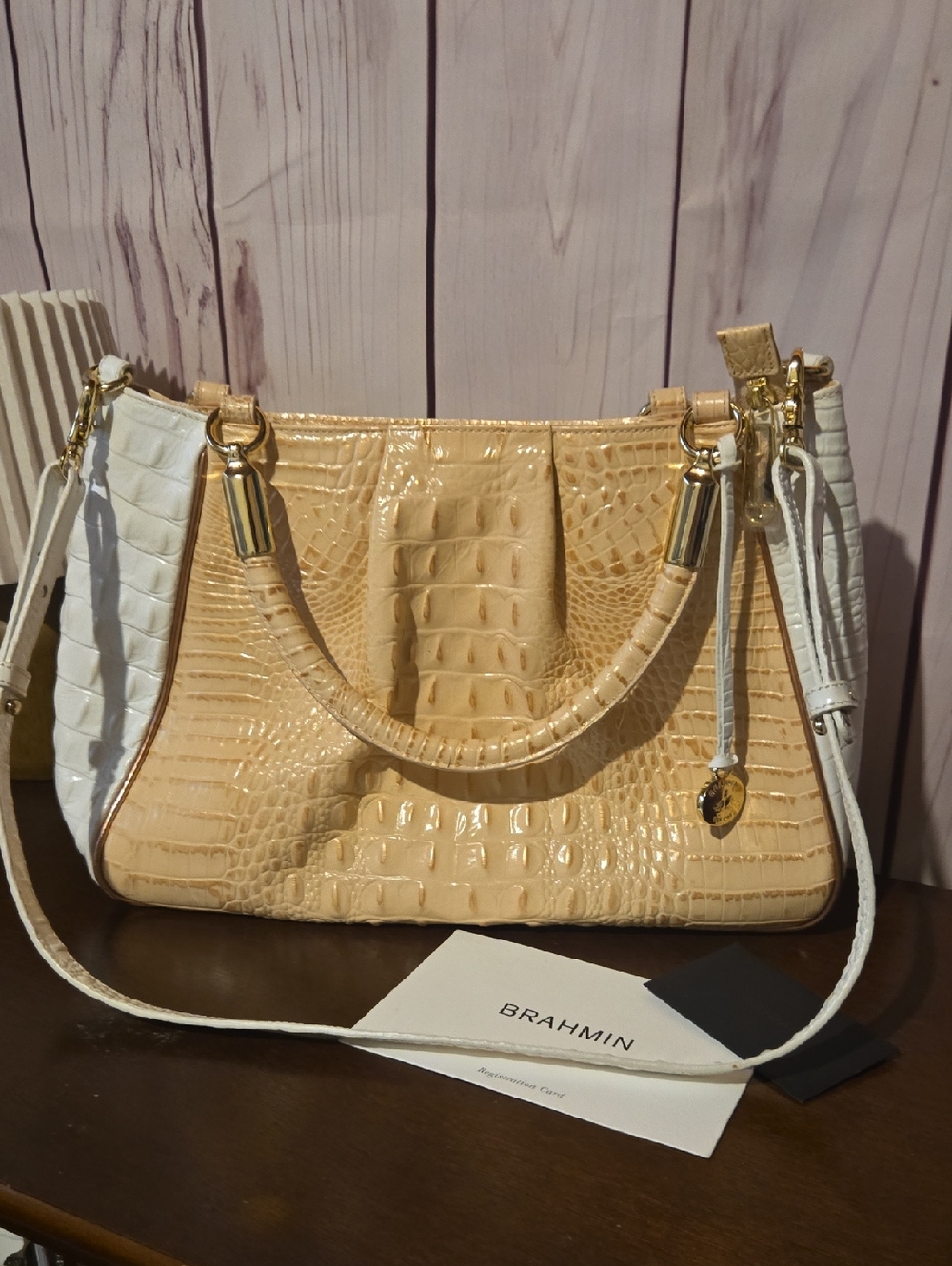 Brahmin Apricot Ruby Crandon Croc-Embossed Shoulder Bag with Gold Hardware